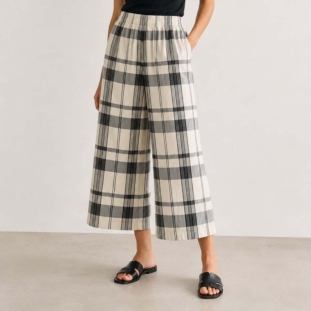 Theory Women's Plaid Wide Leg Pull-On Pants Black Gray Ivory Cropped Size M